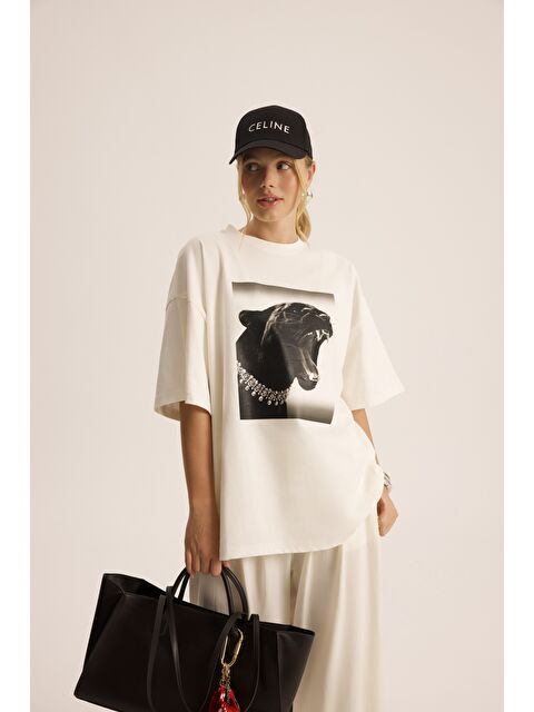 Mai Collection Panthera Oversize Beyaz T-Shirt
