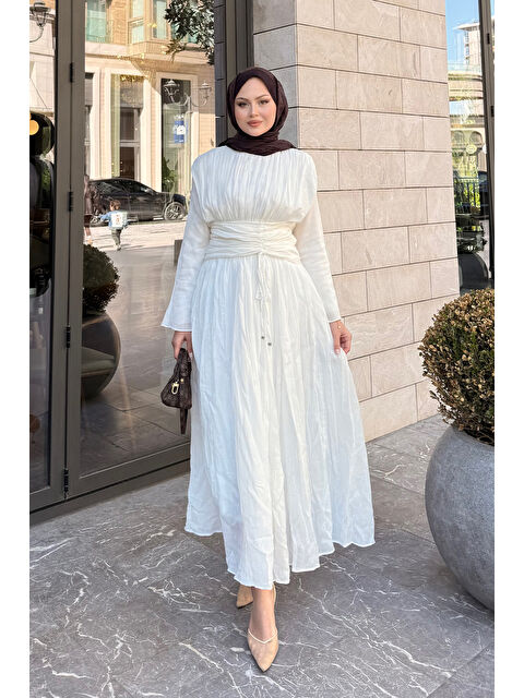 Locco Moda Kadın Pilise Bel Kuşaklı Tül Detay Elbise Beyaz