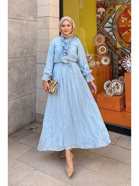 Locco Moda Kadın Önü Fırfırlı Bel Bağlamalı Tül Elbise Mavi