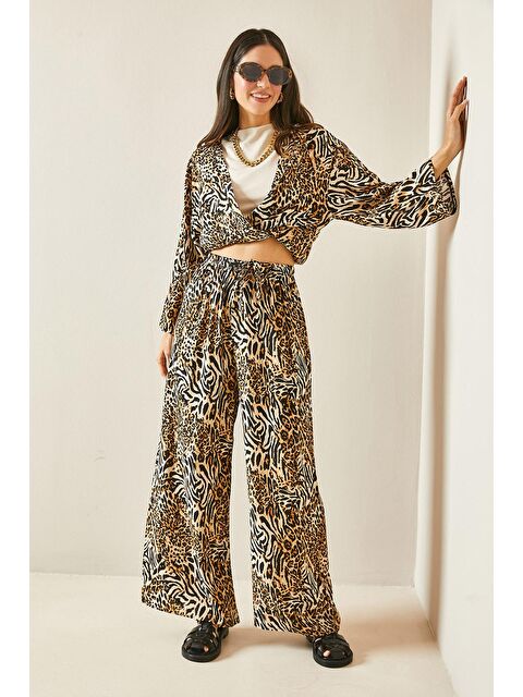 Xhan Bej Leopar Desenli Beli Lastikli Bol Paça Viskon Pantolon 5YXK5-48467-25 - S000185440-19928