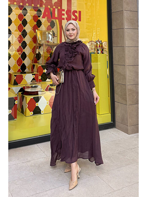 Locco Moda Kadın Önü Fırfırlı Bel Bağlamalı Tül Elbise Mürdüm