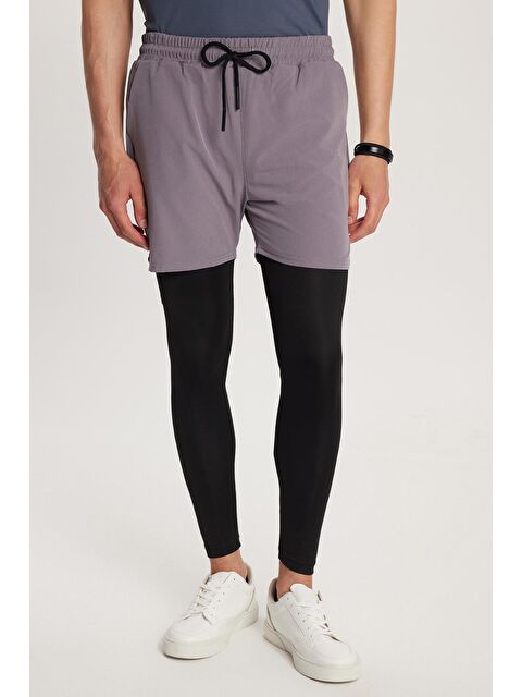 TUDORS Erkek Standart Fit Beli Bağlamalı Lastikli Cepli Esnek Kumaş Gri Uzun Sporcu Tayt Şort - S000521968-20600