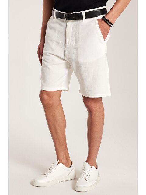 TUDORS Erkek Regular Rahat Kesim Yandan Cepli Fermuarlı Bermuda Beyaz Şort - S000521969-20063