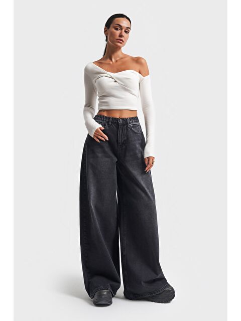 It's Basic Kadın Koyu Füme Renk Palazzo Fit Beli Lastikli Denim - S000241662-33408