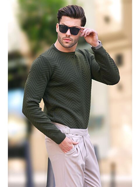 Madmext Haki Bisiklet Yaka Balıksırtı Desenli Uzun Kollu Örme Kazak 7219 - S000223706-18547