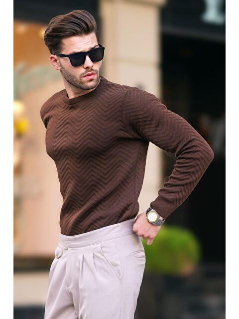 Madmext Kahverengi Bisiklet Yaka Balıksırtı Desenli Uzun Kollu Örme Kazak 7219 - S000223706-19413