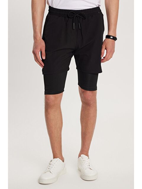 TUDORS Erkek Standart Fit Normal Kesim Sporcu Taytlı Dokuma Siyah Şort - S000521973-19351