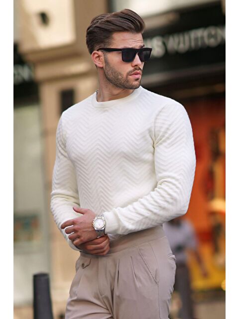 Madmext Beyaz Bisiklet Yaka Balıksırtı Desenli Uzun Kollu Örme Kazak 7219 - S000223706-20063