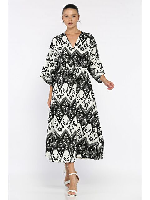 Gülseli Kadın Kruvaze Yaka Bel Lastikli Yarasa Kol Yırtmaç Detaylı Desenli Elbise - S000412591-19351