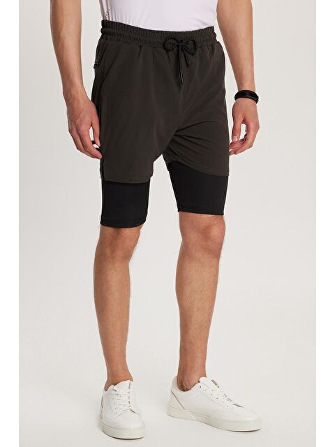 TUDORS Erkek Standart Fit Normal Kesim Sporcu Taytlı Dokuma Haki Şort - S000521974-18547