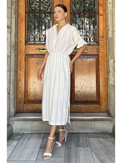 Gülseli Bel Lastikli Çizgi Desenli Kısa Kol Elbise - S000412594-19966