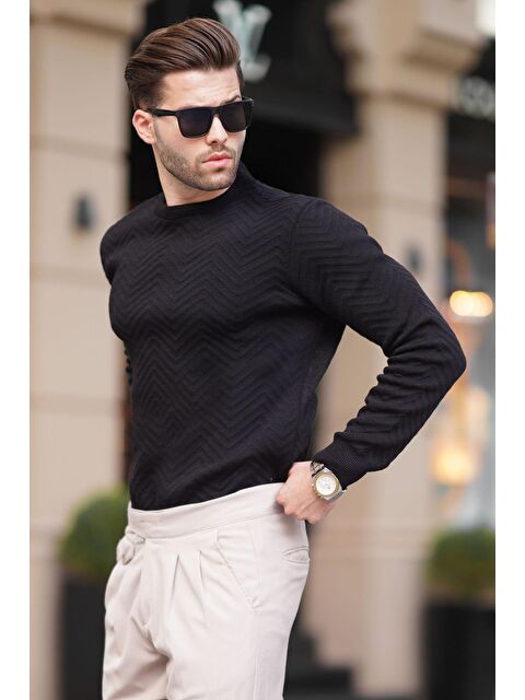 Madmext Siyah Bisiklet Yaka Balıksırtı Desenli Uzun Kollu Örme Kazak 7219 - S000223706-19351