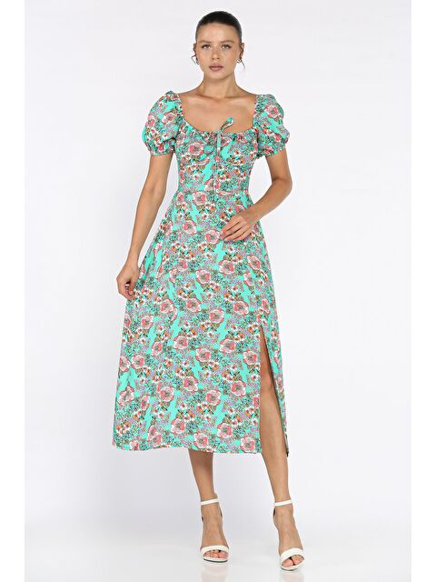 Gülseli Kadın Sırt Lastikli Ön Bağlama Detaylı Desenli Yırtmaçlı Viskon Elbise - S000412593-29488