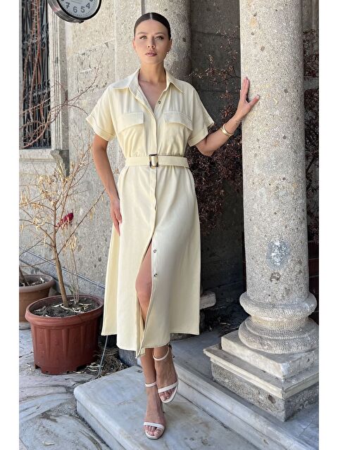 Gülseli Ön Düğmeli Kemerli Kısa Kol Elbise - S000412597-19965