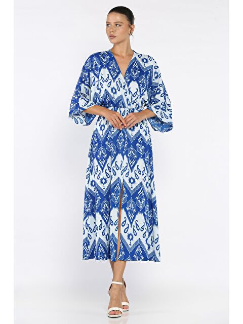 Gülseli Kadın Kruvaze Yaka Bel Lastikli Yarasa Kol Yırtmaç Detaylı Desenli Elbise - S000412591-23710