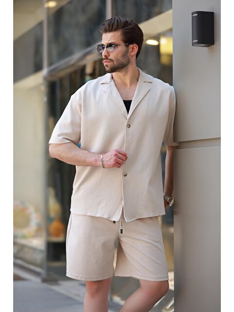 Madmext Bej Basic Erkek Şort Gömlek Takım E7311 - S000401713-19928