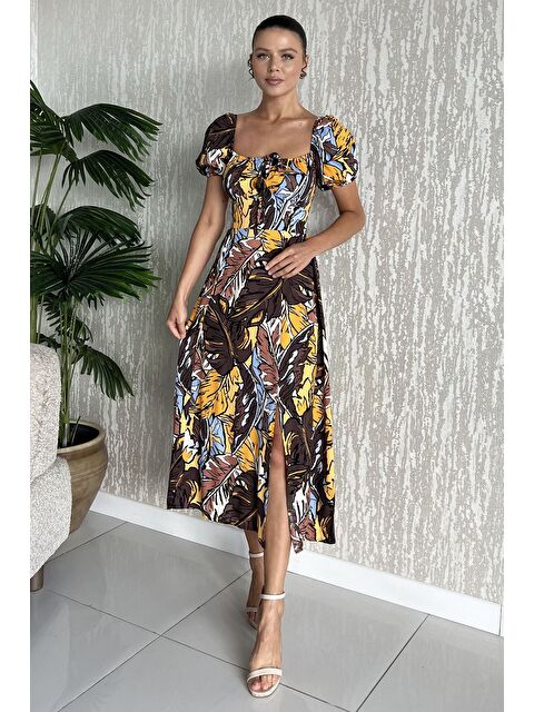 Gülseli Kadın Sırt Lastikli Ön Bağlama Detaylı Desenli Yırtmaçlı Viskon Elbise - S000412593-19413