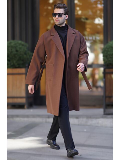 Madmext Kahverengi Kruvaze Yaka Uzun Kaşe Kaban 7215 - S000223707-19413