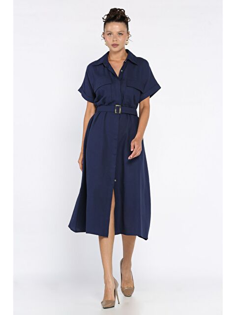 Gülseli Ön Düğmeli Kemerli Kısa Kol Elbise - S000412597-21164