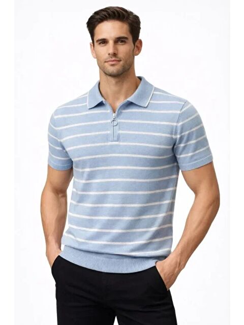 Jane's Erkek Triko Polo Yaka Fermuarlı Çizgili Tişört