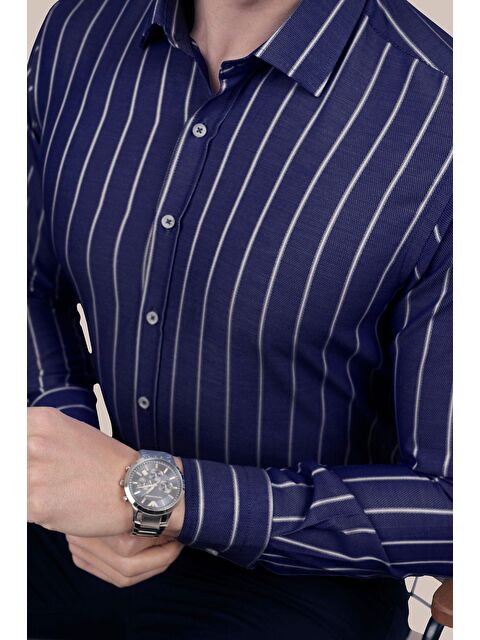 Etikmen Lacivert Beyaz Çizgili Slimfit Erkek Gömlek - S000119128-37341