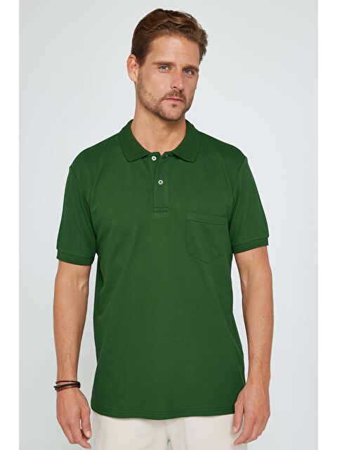 TUDORS Erkek Regular Fit Klasik Kesim %100 Pamuk Düz Pike Koyu Yeşil Polo Yaka Tişört - S000519673-19416