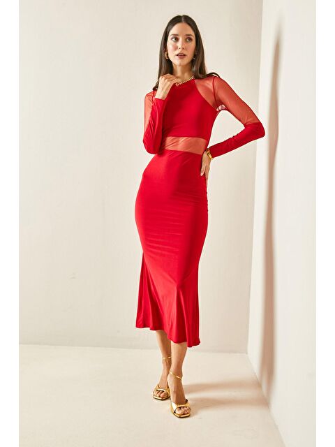 Xhan Kırmızı Transparan Detaylı Maxi Elbise 5YXK6-48480-04 - S000185445-20045