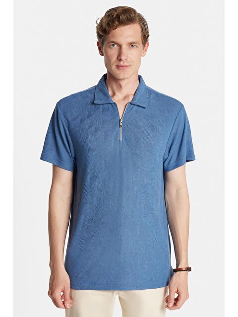 TUDORS Erkek Slim Fit Dar Kesim Viskon Fermuarlı Polo Yaka Mavi Tişört - S000519681-17234