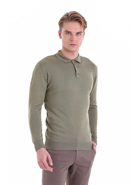 Hatemoğlu Yeşil Comfort Fit Düz Polo Yaka Yünlü Kazak - S000231807-18194