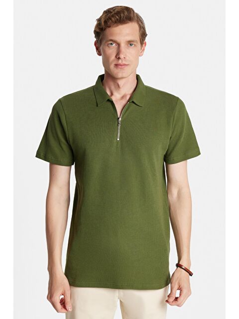 TUDORS Erkek Slim Fit Dar Kesim %100 Pamuk Fermuarlı Yeşil Polo Yaka Tişört - S000519683-18194