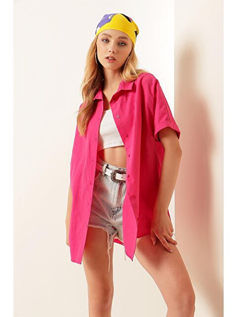 Bigdart 20120 Oversize Kısa Kollu Gömlek - Fuşya - S000089849-18686