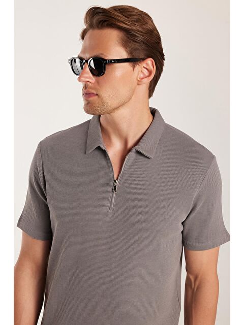 TUDORS Erkek Slim Fit Dar Kesim %100 Pamuk Fermuarlı Gri Polo Yaka Tişört - S000519688-20600