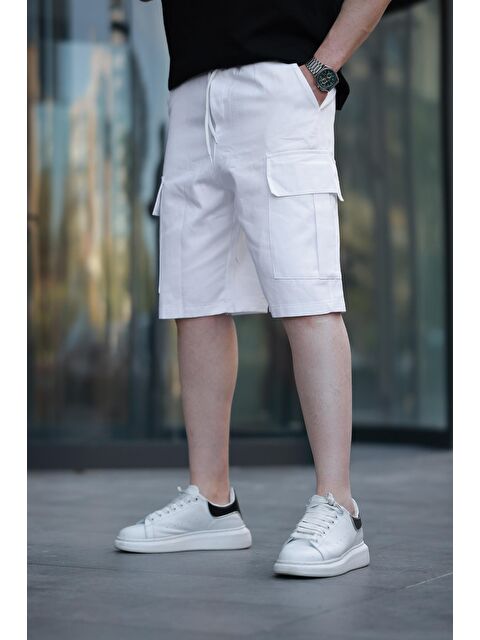 Madmext Beyaz Kargo Cepli Erkek %100 Pamuk Kargo Şort E6571 - S000380889-20063