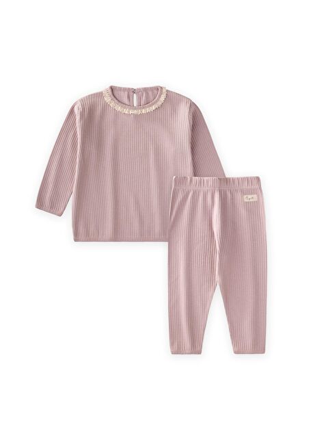 CİGİT Dantelli Uzun Kollu Mevsimlik Takım 0-3 Yaş Pudra Pembe - S000507545-23490