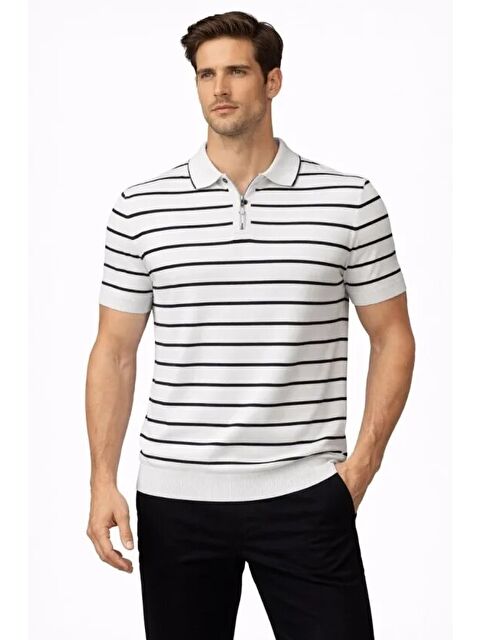 Jane's Erkek Triko Polo Yaka Fermuarlı Çizgili Tişört