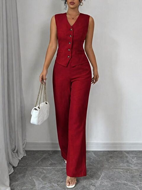 Jane's Kadın Askılı önden Düğmeli Bluz Ve Pantolon Keten Ikili Takım