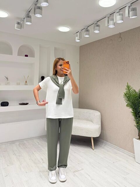 Jane's Kadın şal Dahil Bisiklet Yaka Bluz Ve Pantolon üçlü Takım