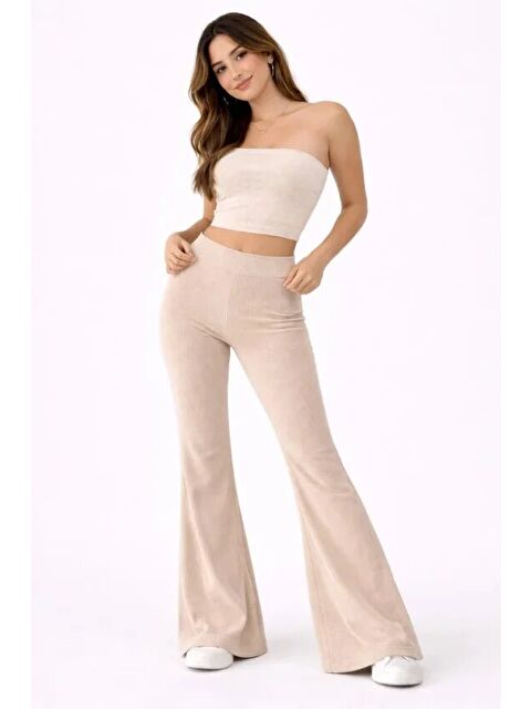 Jane's Fitilli Kaşkorse İspanyol Paça Tayt Yüksek Bel Esnek Günlük Rahat Pantolon - Bej