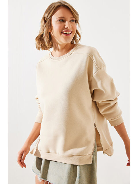 SHADE Kadın Bisiklet Yaka Şardonlu Fermuar Detaylı Basic Sweatshirt - S000271778-19928
