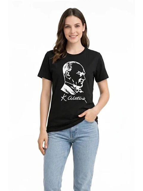 Jane's Atatürk Baskılı Tişört Kısa Kollu Bisiklet Yaka T-Shirt - Siyah