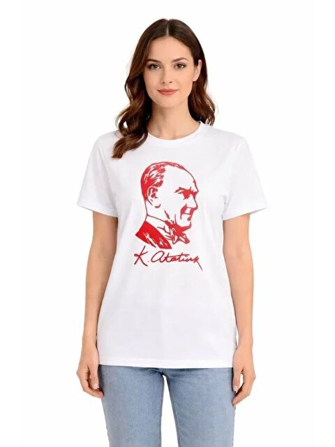 Jane's Atatürk Baskılı Tişört Kısa Kollu Bisiklet Yaka T-Shirt - Beyaz