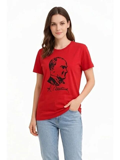 Jane's Atatürk Baskılı Tişört Kısa Kollu Bisiklet Yaka T-Shirt - Kırmızı
