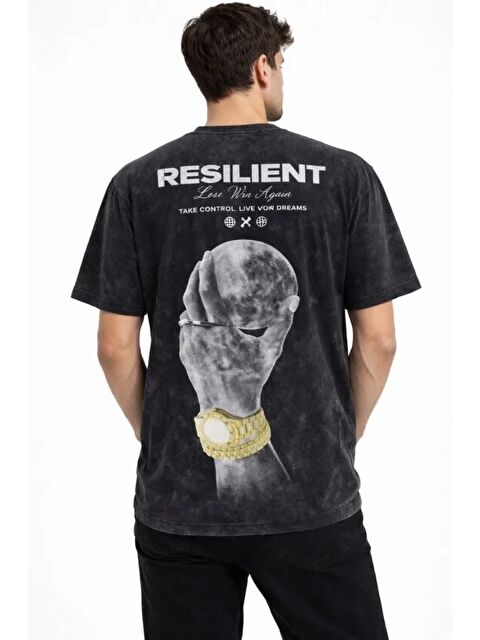 Jane's Erkek Asit Yıkamalı Baskılı Tişört Bisiklet Yaka Kısa Kollu