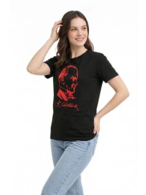 Jane's Atatürk Baskılı Tişört Kısa Kollu Bisiklet Yaka T-Shirt - Siyah