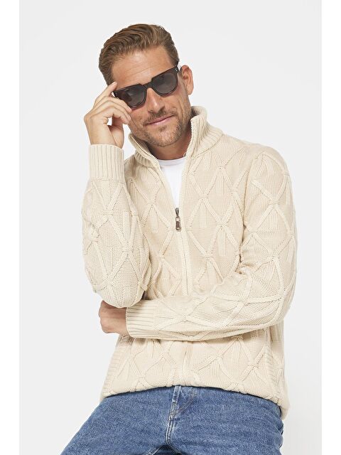 TUDORS Slim Fit Desenli Dik Yaka  Fermuarlı Erkek Bej Hırka