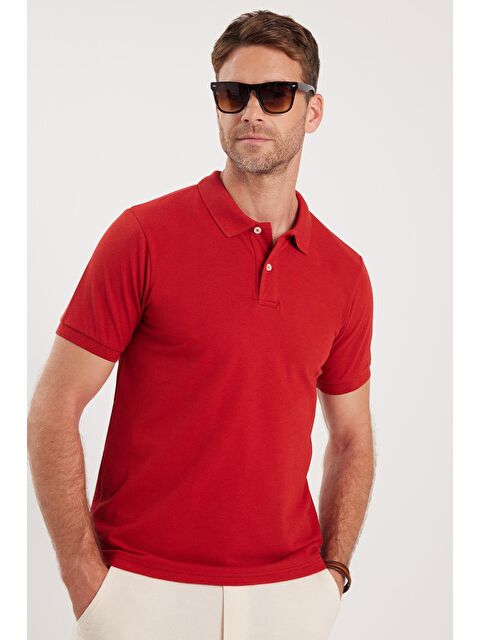 TUDORS Erkek Slim Fit Dar Kesim Pamuklu Yumuşak Dokulu Serin Tutan Kumaş Düz Pike Bordo Polo Yaka Tişört - S000519702-19951