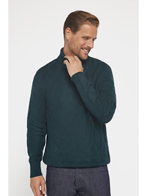 TUDORS Slim Fit Dar Kesim Tam Balıkçı Yaka Desenli Yeşil Erkek Triko Triko Kazak