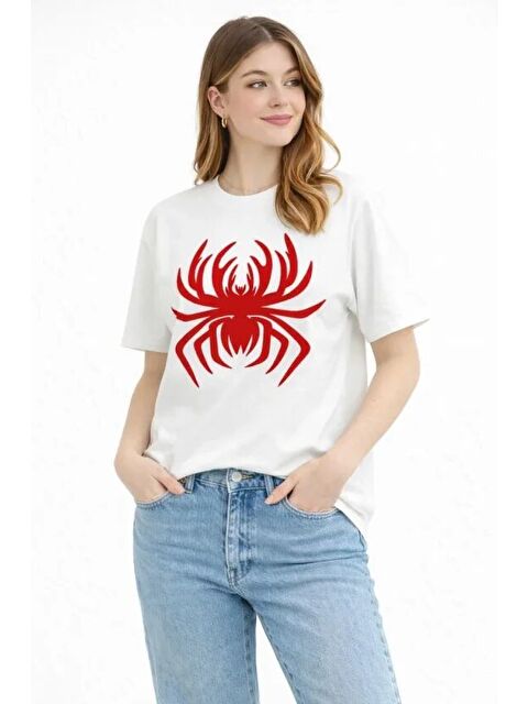 Jane's Örümcek Baskılı Tişört Kısa Kollu Bisiklet Yaka T-Shirt - Beyaz