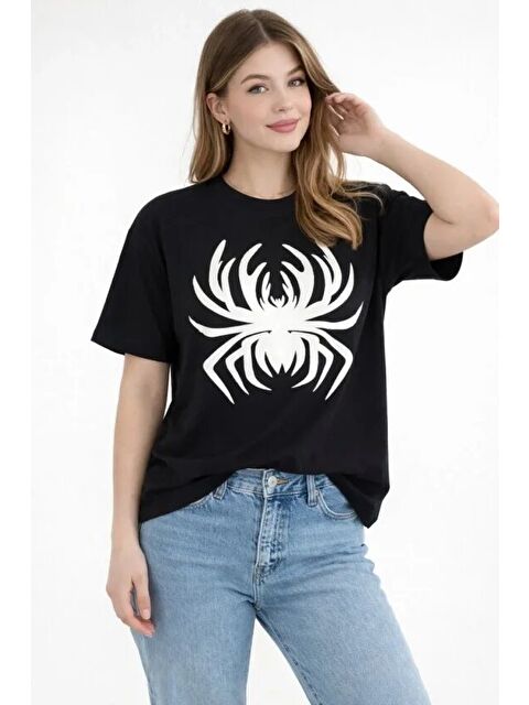 Jane's Örümcek Baskılı Tişört Kısa Kollu Bisiklet Yaka T-Shirt - Siyah