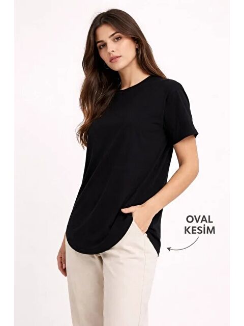 Jane's Basic T-Shirt Kısa Kol Bisiklet Yaka Oval Kesim Tişört - Siyah